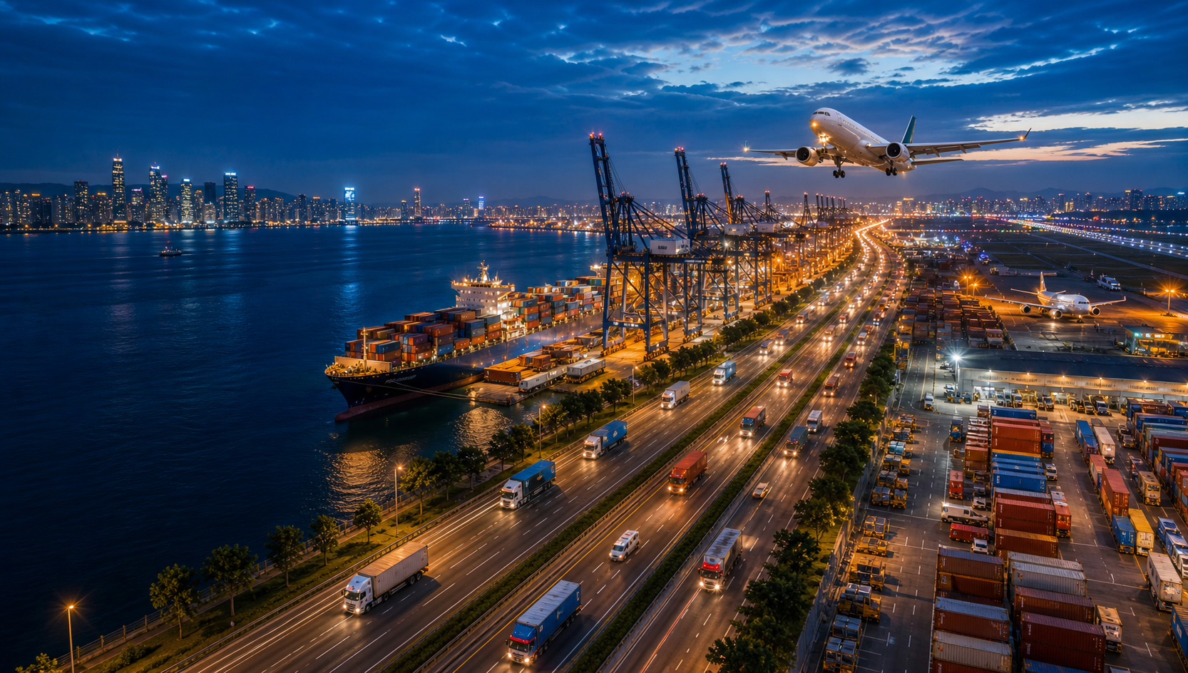 Bright aerial view of sea, road, and air logistics transport